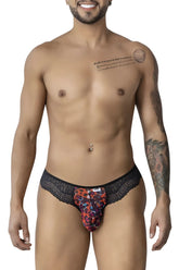 Black lace-trimmed CandyMan 99887 leopard print men’s briefs in vibrant red orange and purple animal print pattern