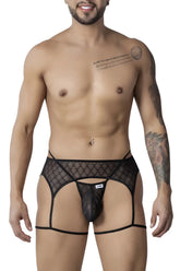 Black CandyMan 99898 geometric mesh thongs with sheer diamond pattern and adjustable straps