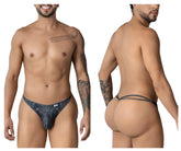Blue denim thong with a small white brand tag on the front from candyman 99899 cowboy thongs color denim black
