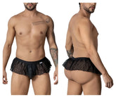 Black candyMan 99901 geometric mesh thongs with lace trim ruffled hem and elastic waistband