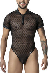 Black candyMan 99902 geometric mesh bodysuit with collar zipper front in sheer mesh fabric
