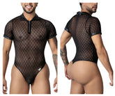 Black candyMan 99902 geometric mesh bodysuit with zipper front and faux leather trim on collar sleeves and waistband