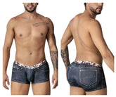Dark blue denim candyMan 99904 cowboy trunks shorts with patterned white and brown floral waistband