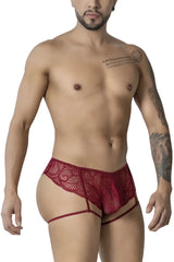 Candyman 99905 garter lace briefs burgundy men’s underwear with sheer patterned lace and thin straps