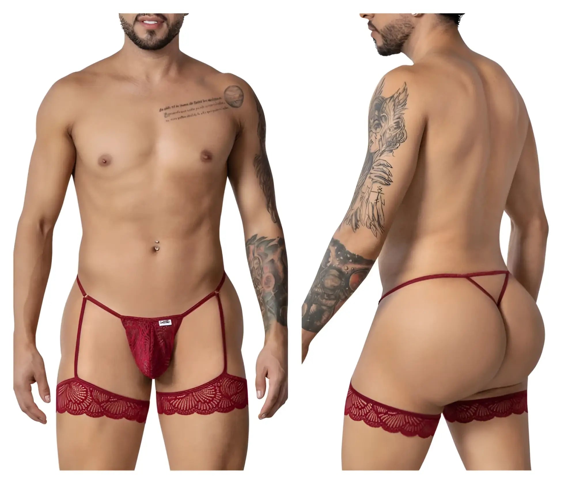 Red lace candyMan 99906 garter belt with matching burgundy thong and decorative scalloped edges