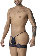 Dark blue lace thong with scalloped edge and adjustable garter straps from candyman 99906 in navy color
