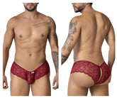 CandyMan 99907 lace trunks in burgundy featuring red lace material with scalloped edge and open back design