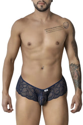Navy blue lace men’s trunks with intricate floral pattern and small brand tag on the waistband candy man 99907 lace trunks
