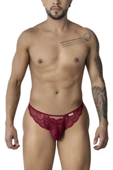 Burgundy candyMan 99910 lace thong with red lace fabric and central bow design