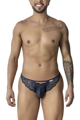 Navy blue lace thong candyMan 99910 with intricate floral patterns and small brand tag on the waistband