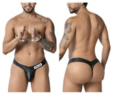 Black leather like thong police thong by Candyman with white police label on waistband in black color