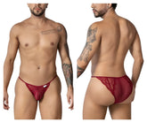 CandyMan 99914 lace briefs burgundy red lace thong with sheer mesh back and intricate floral pattern shown from back