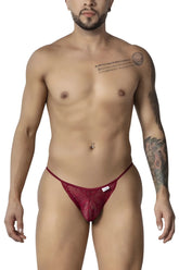 Burgundy red lace thong brief with a small white candyman brand tag on the waistband