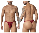 Red lace thong candyMan 99915 in burgundy with delicate intricate pattern and small brand tag on front