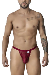 Burgundy CandyMan 99915 lace thong with solid waistband and small white brand tag shown from the front