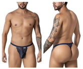 Navy blue CandyMan 99915 lace thong with subtle pattern and branded tag on waistband shown from the back side