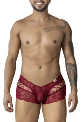 Candyman 99916 lace trunks burgundy red lace men’s briefs with intricate floral patterns and cut-out design
