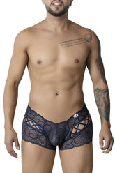CandyMan 99916 lace trunks in navy feature dark blue lace with an intricate pattern and cutout design for men