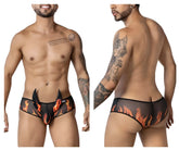 Black mesh briefs candy man 99917 wicked trunks with orange and red flame design in black color