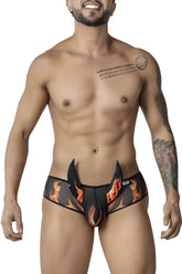 Black and orange flame-patterned CandyMan 99917 wicked trunks with distinctive cutout design men’s briefs