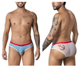 CandyMan 99918 sailor briefs in blue white feature white fabric with red anchor graphic and solid red waistband
