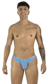 CandyMan 99923 briefs swim trunks with blue and pink geometric pattern for stylish beachwear