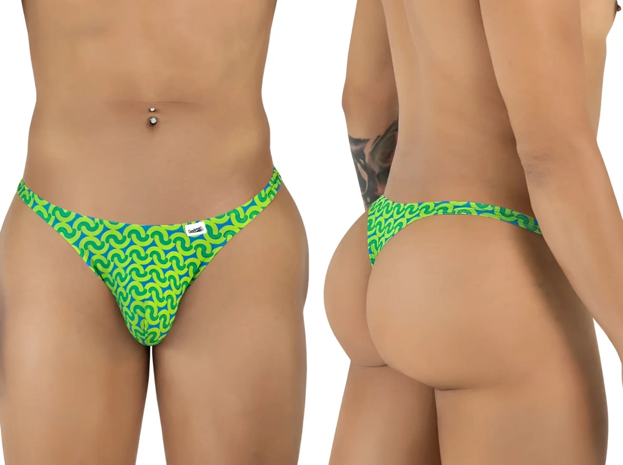 Candyman 99924 vibrant green and blue patterned thong with bold wavy design suitable for colorful casual wear