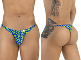 Blue and neon green geometric-patterned CandyMan 99924 thong with small white brand tag in navy color