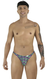 Purple and teal geometric patterned men’s briefs candyMan 99924 thongs color printed purple front view