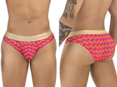 Vibrant pink and yellow wavy patterned candyman 99926 men’s briefs with gold bandyman elastic waistband