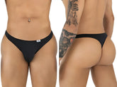 Black CandyMan 99930 thong with a small white brand tag on the waistband showing the back side