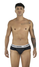 Black candyman 99932 briefs with silver detailing and a white waistband featuring repeating bold candyman logo