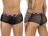 Black mesh CandyMan 99934 trunks with vibrant iridescent rainbow trim on waistband and leg openings