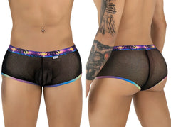 Black mesh CandyMan 99934 trunks with vibrant iridescent rainbow trim on waistband and leg openings