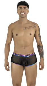 Black mesh briefs candy man 99934 trunks with vibrant purple and blue tropical print waistband