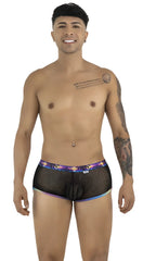 Black mesh briefs candy man 99934 trunks with vibrant purple and blue tropical print waistband