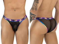 Black mesh thong briefs with vibrant iridescent palm tree and sunset waistband candyMan 99935 color black