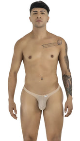 CandyMan beige mesh thongs on a male model facing forward in a front-facing, standing studio pose.