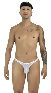 CandyMan white mesh thong featuring a minimalist, low-rise style worn by a standing man.