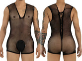 CandyMan black fishnet bodysuit shown from front and back, featuring a lace-up back and solid front pouch.