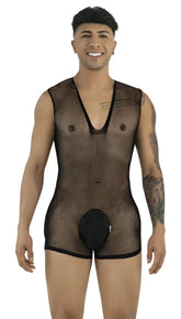 Model wearing a black CandyMan mesh bodysuit with a deep V-neck and solid pouch, standing against a white background.