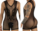 CandyMan black mesh bodysuit with front pouch, shown from front and back views on a tattooed model.