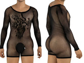 CandyMan black fishnet bodysuit with long sleeves, rose pattern, and opaque pouch. Front and back view.