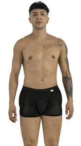CandyMan black mesh boxer briefs with solid pouch, worn by a standing male model facing forward against white.