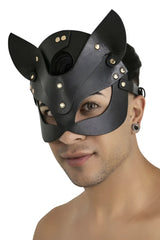 Black leather cat mask candyMan 99965 with gold-tone studs and adjustable straps for comfortable fit