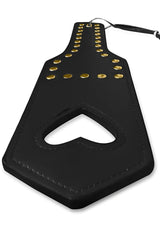 Black leather heart-shaped spanker paddle with gold-tone studs and black handle by candyman 99966 color black