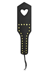CandyMan 99966 spanker black leather paddle with gold studs and heart-shaped cutout at the top