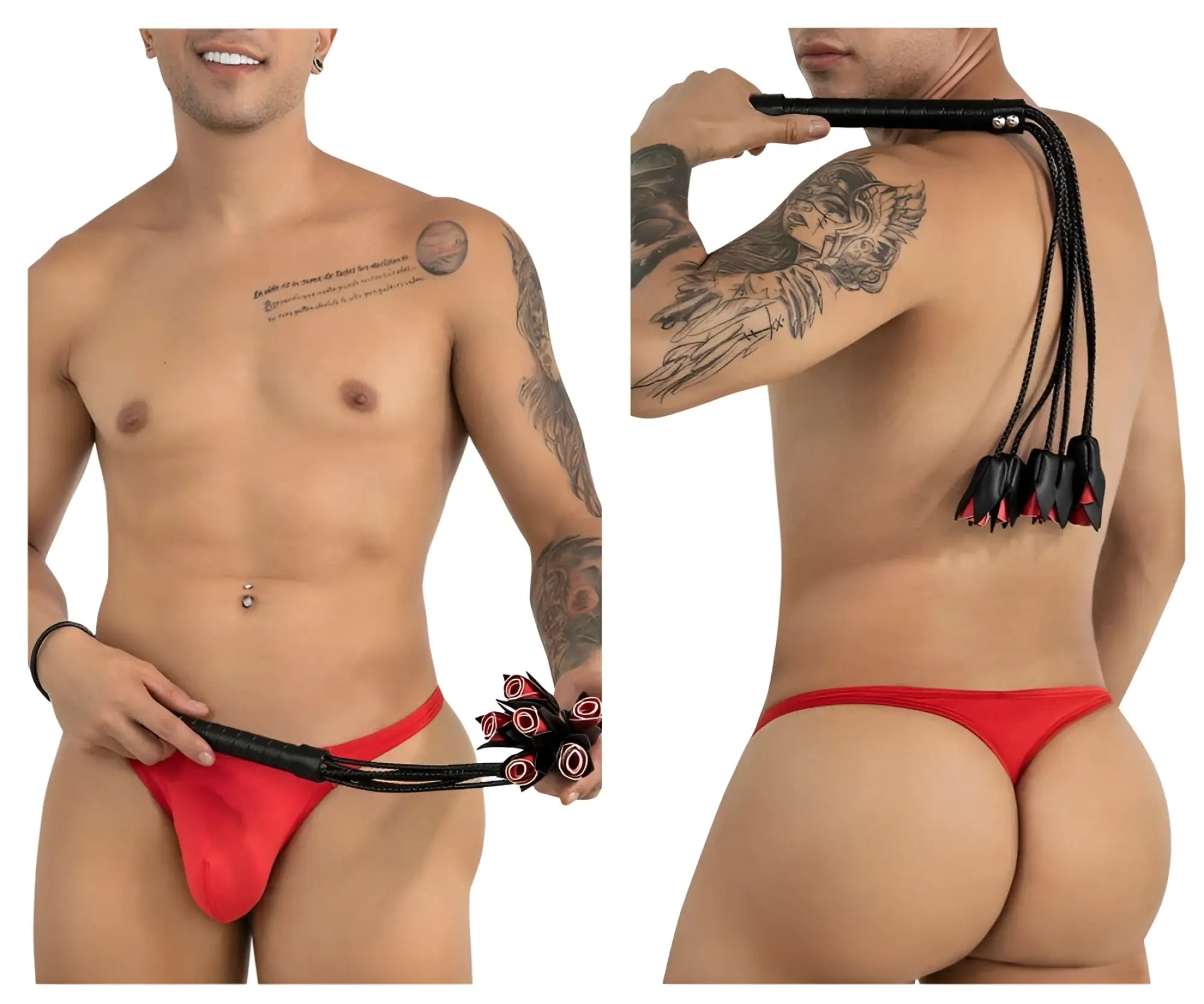 Red leather thong with black whip attachment candyMan 99967 rose whip color black showing front view