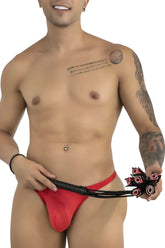 Red thong whip with black leather-like handle and decorative red and black circular ends candyMan 99967 rose whip