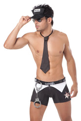 Black and white police costume shorts with silver handcuff accessory dangling from the side candyman costume sultry commander outfit 9555 size m